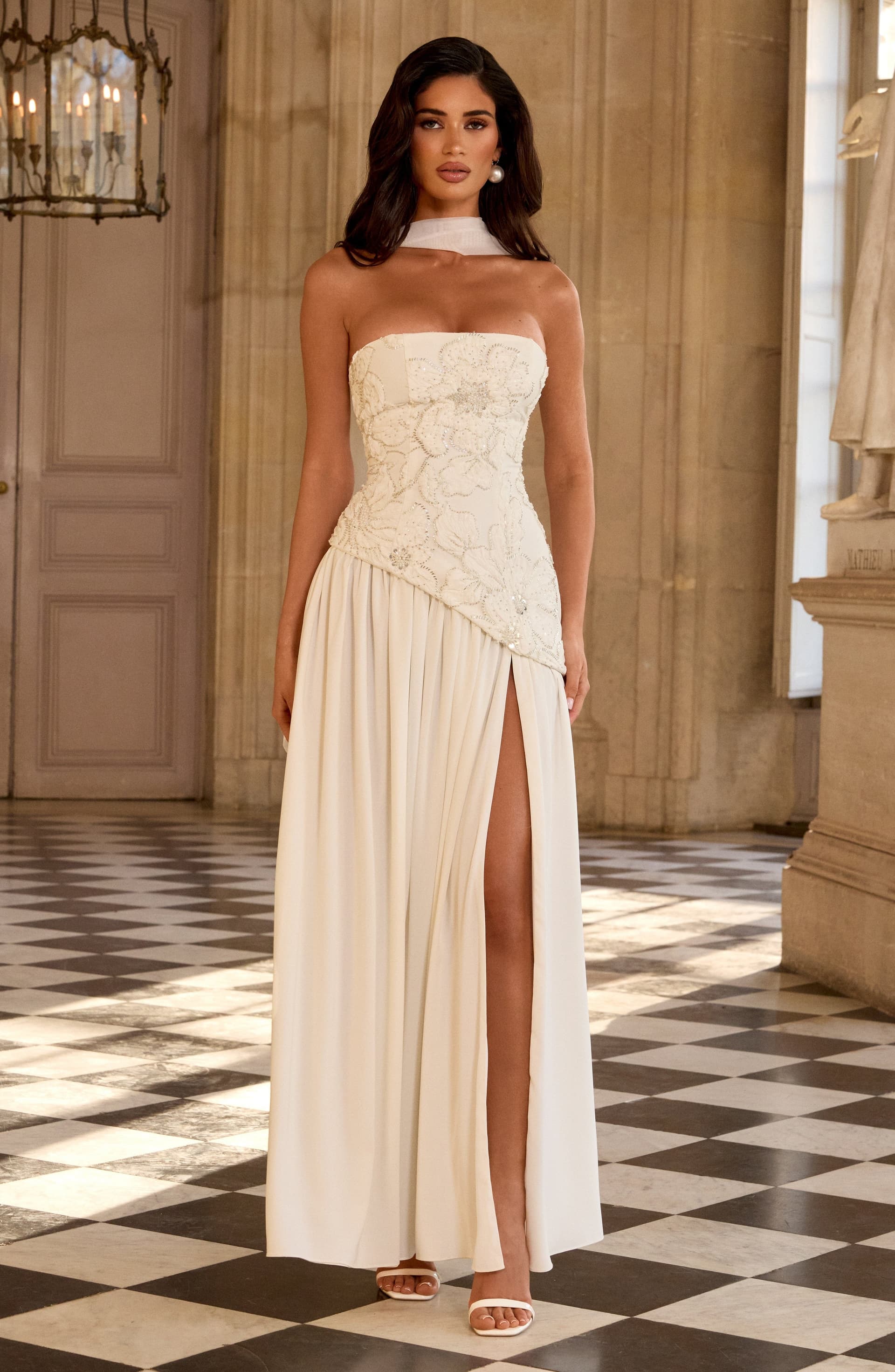 Anneliese Maxi Dress in Ivory Crepe Bodice Chiffon Skirt with Embellishments