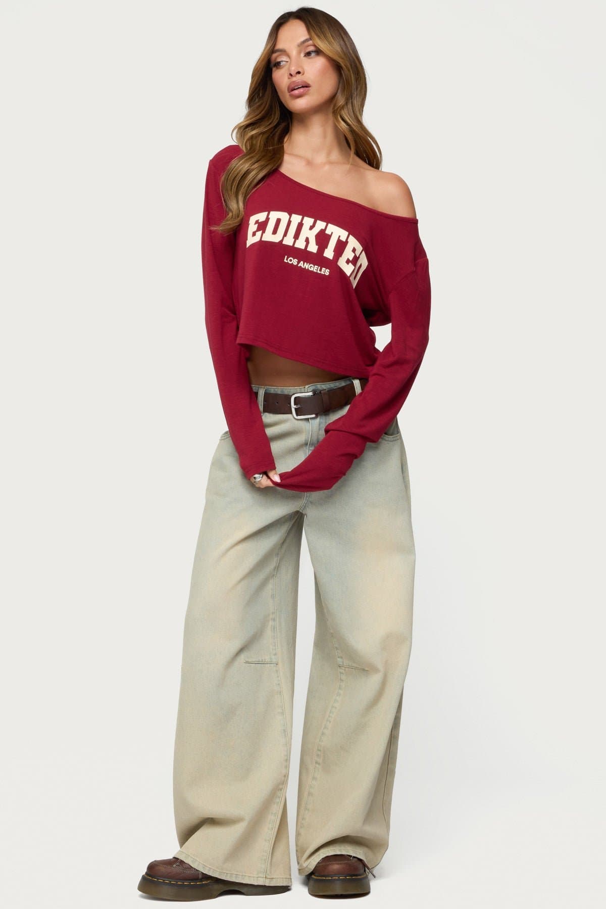 LA Babe Off Shoulder Long Sleeve Top - Cotton Spandex Edikted Graphic