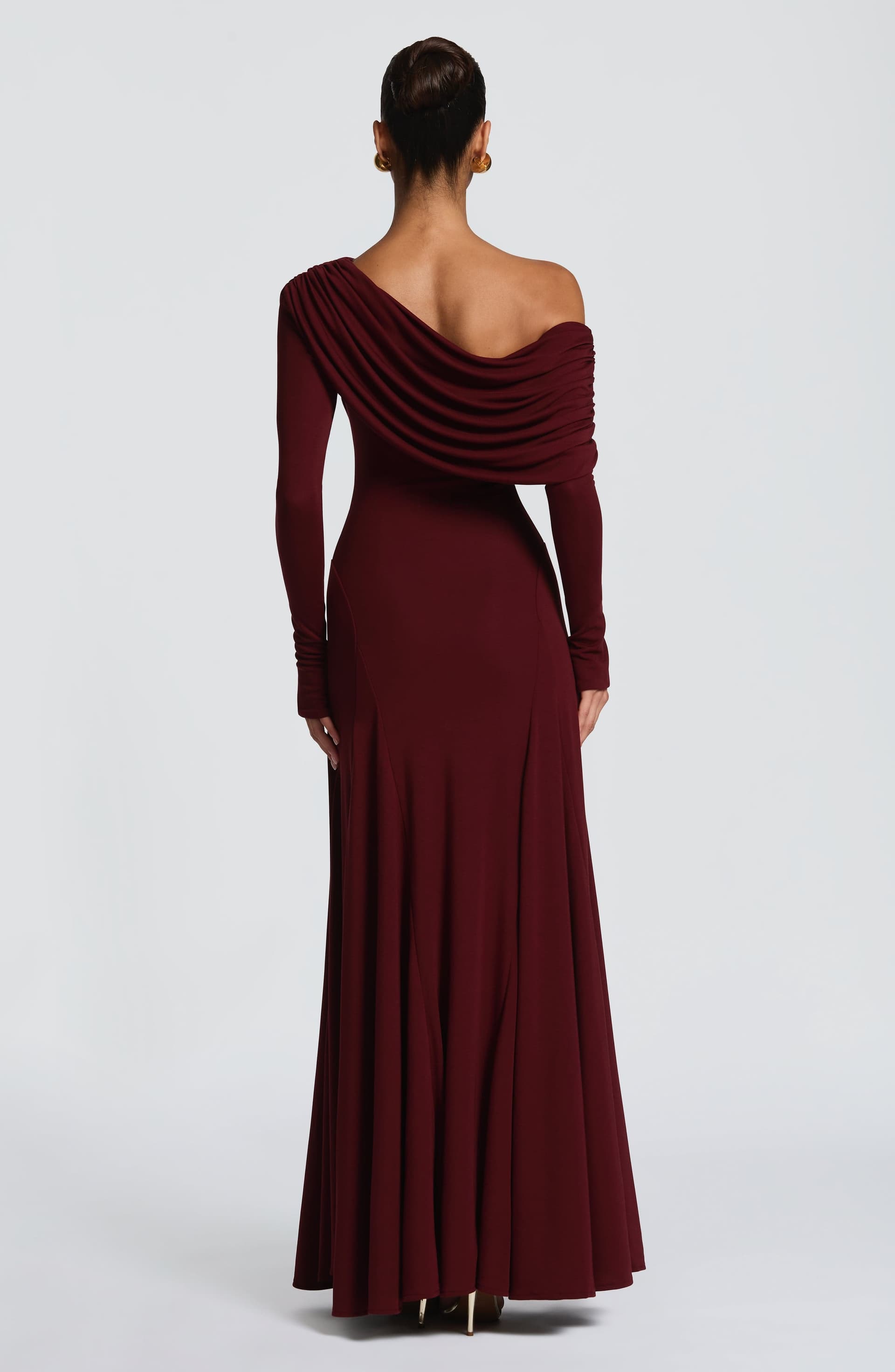 Rafaela Maxi Dress in Cherry Lacquer - Asymmetric Off-Shoulder Modal Jersey Long Sleeve