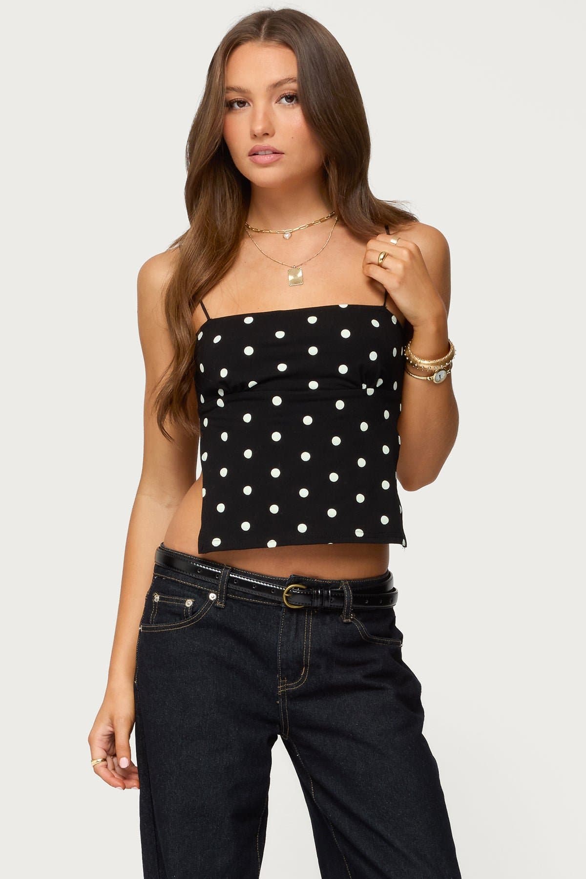 Jinx Open Back Top with Polka Dot Print, Shoe String Straps, Cotton Spandex