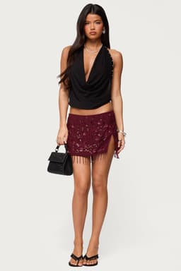 Chiffon Sequin Beaded Fringed Mini Skirt - Floral Detail Side Slit