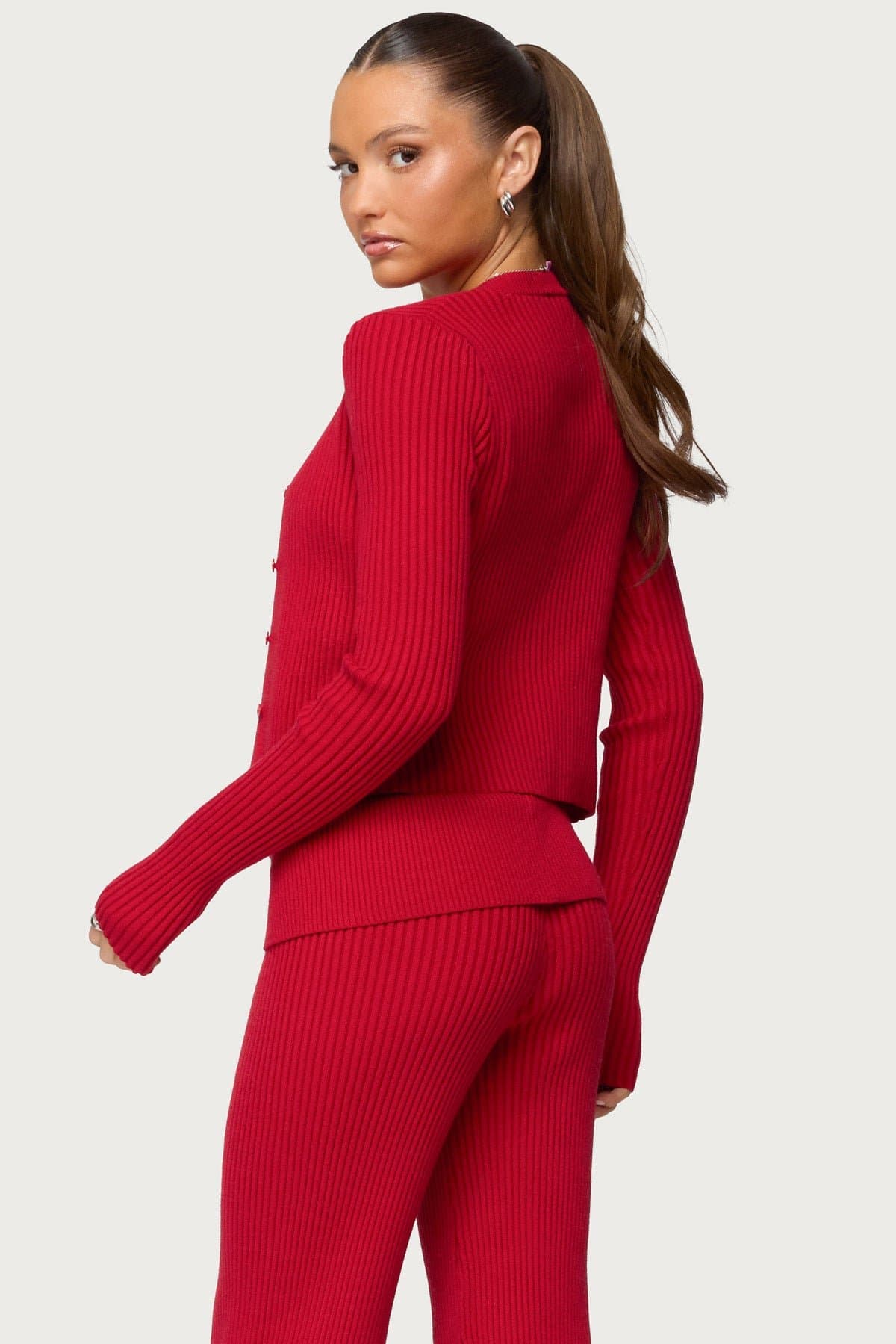 Adannah Ribbed Knit Button Up Cardigan - Rayon Polyester Nylon