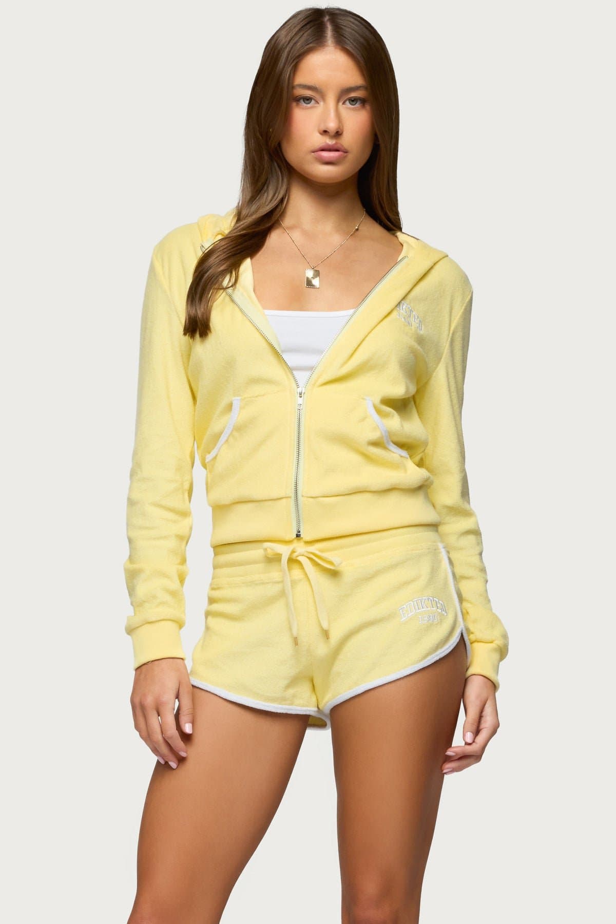 Madilyn Terry Cloth Zip Up Hoodie - Embroidered Graphic Cotton Polyester