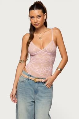 Nolyn Sheer Lace V Neck Bodysuit with Adjustable Straps Polyester Spandex