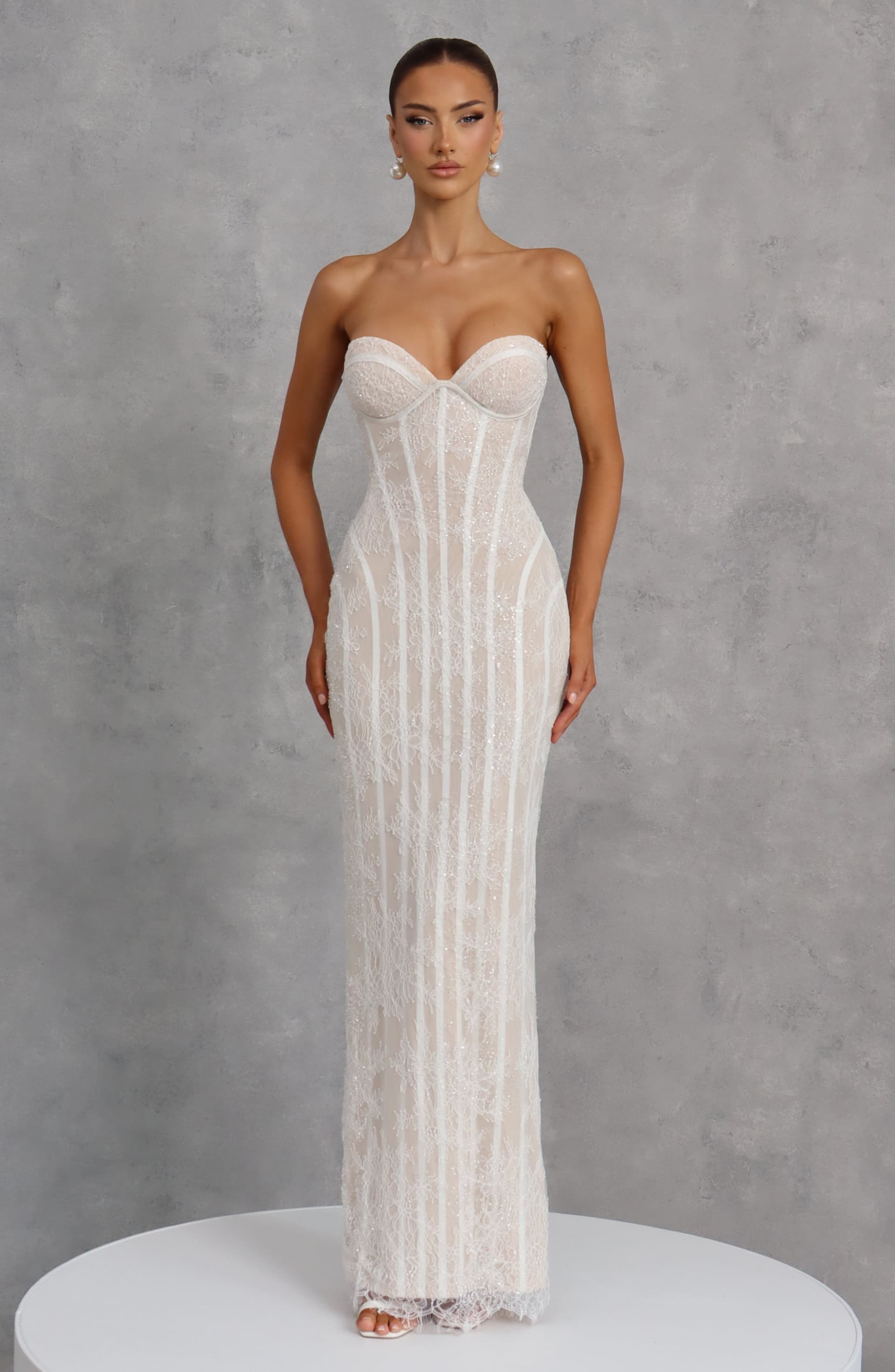 Sian Maxi Dress in Ivory with Floral Lace and Bead Embellishment