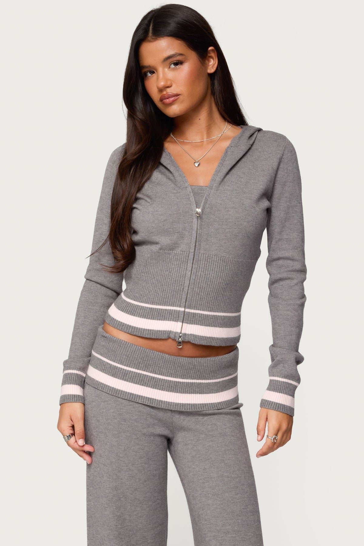Kaliya Stripey Knit Zip-Up Hoodie - Rayon Nylon Polyester Striped Hem Ribbed