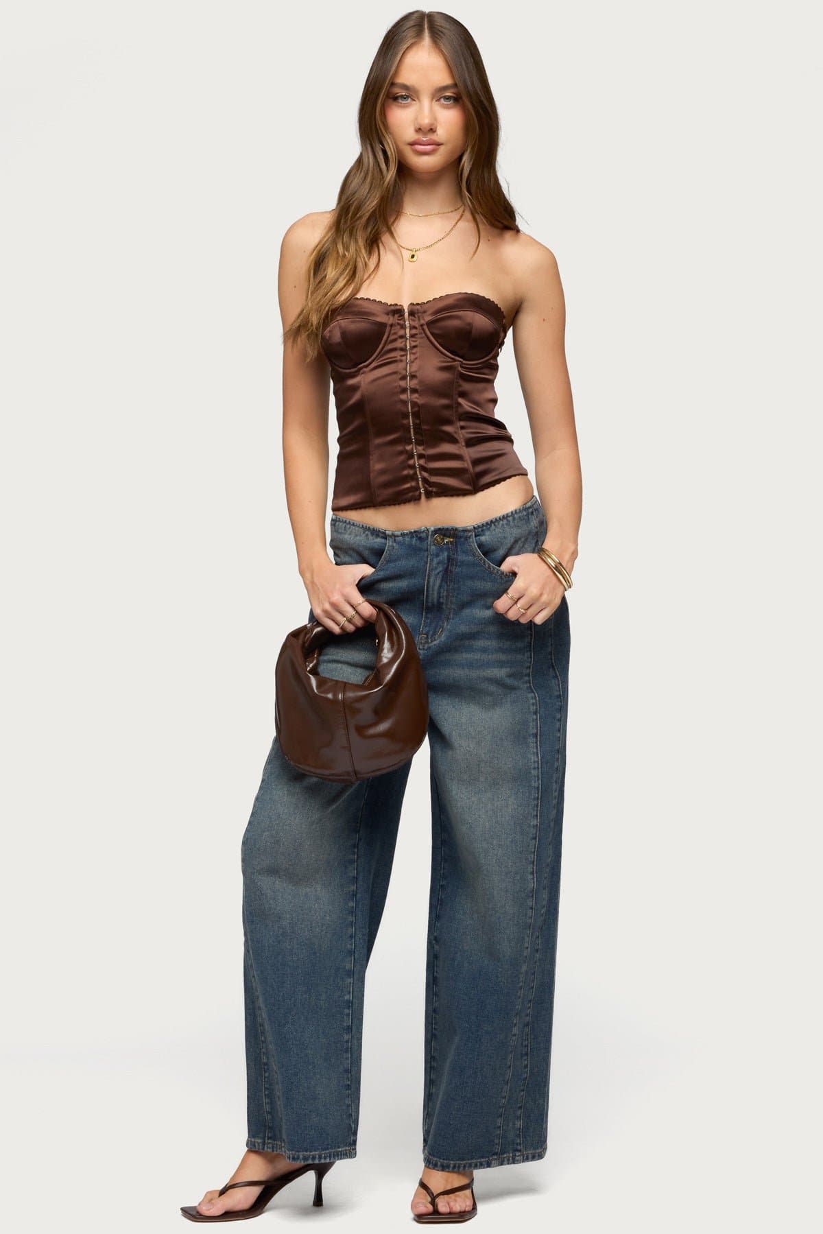 Alya Strapless Satin Effect Corset with Cupped Construction, Frill Trim, Side Zip