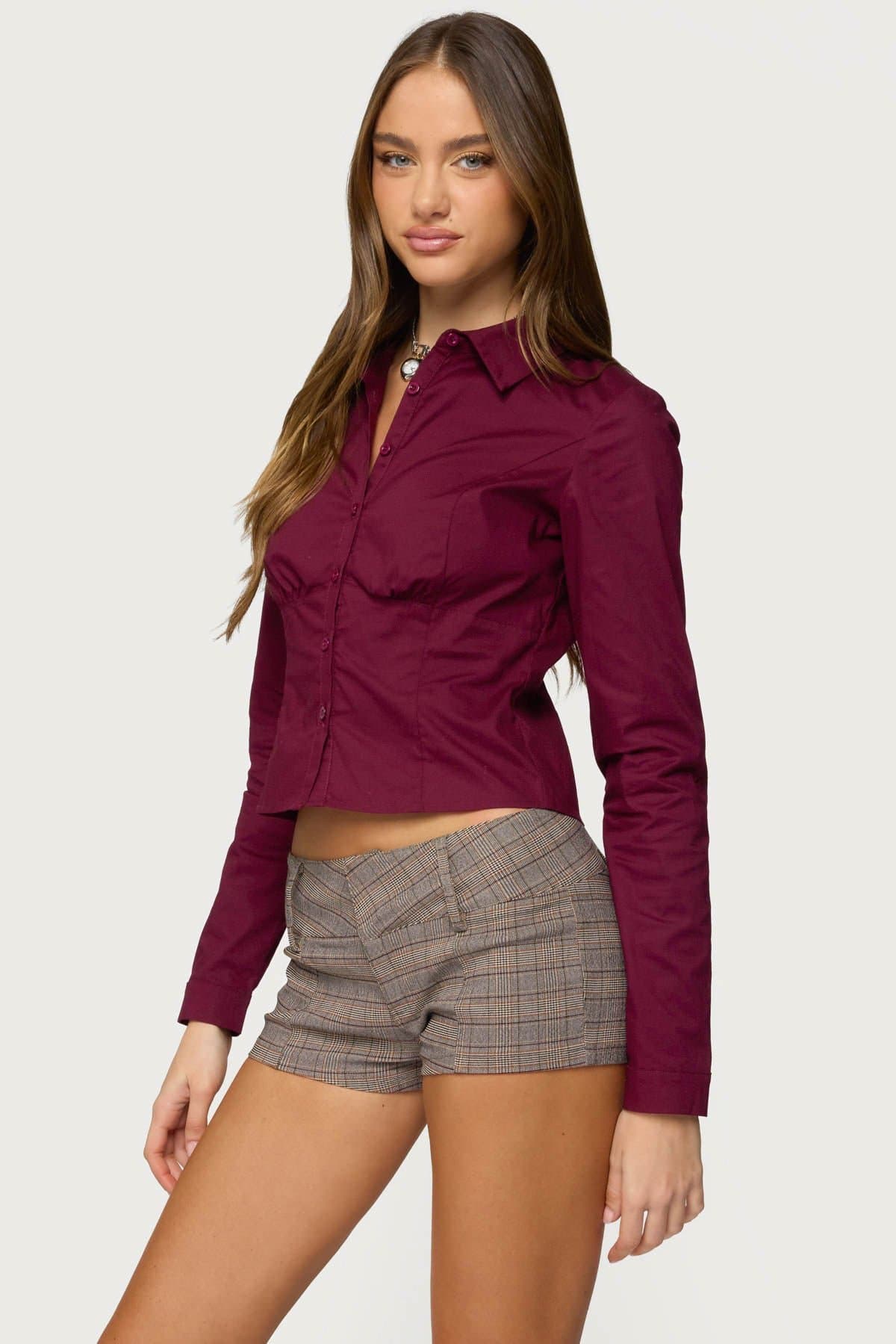 Laurna Tailored Button Up Shirt - Long Sleeve Cotton Spandex with Underbust Ruching