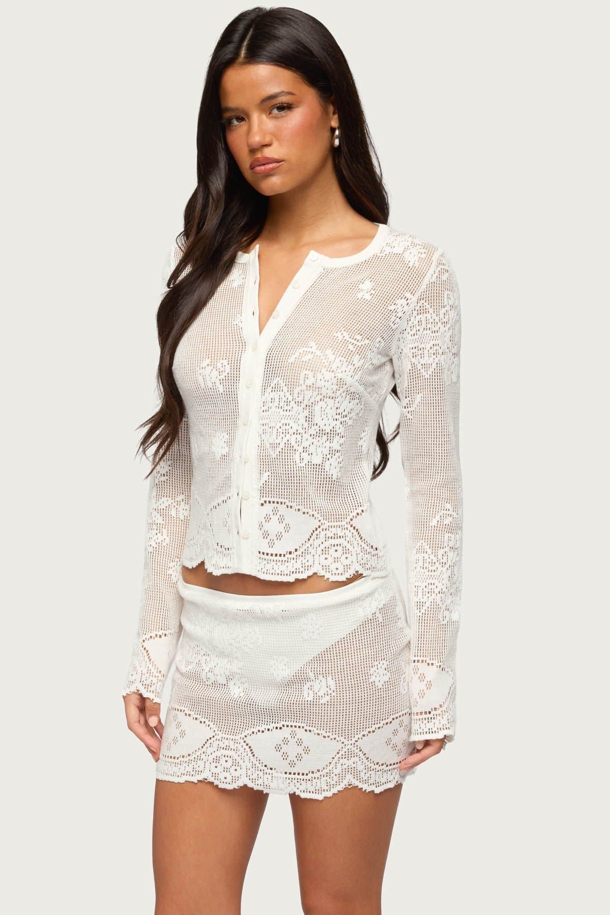 Rusa Button Up Sheer Crochet Top Long Sleeve Scalloped Hem Polyester Cotton