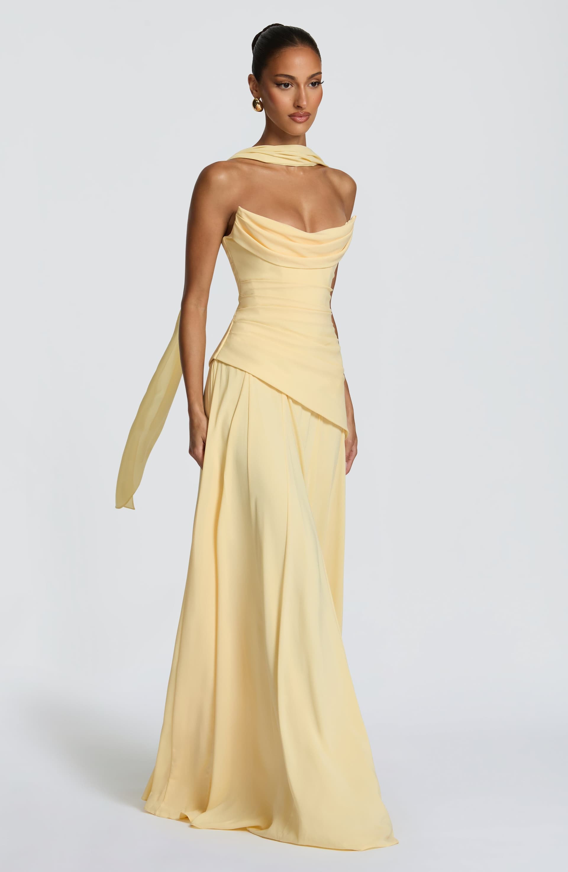 Patricia Lemon Chiffon Maxi Dress - Scooped Neckline, Lace-Up Back, Pleated Bodice