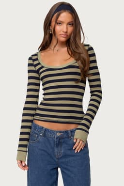 Rainey Striped Long Sleeve Top - Cotton Spandex Scoop Neck