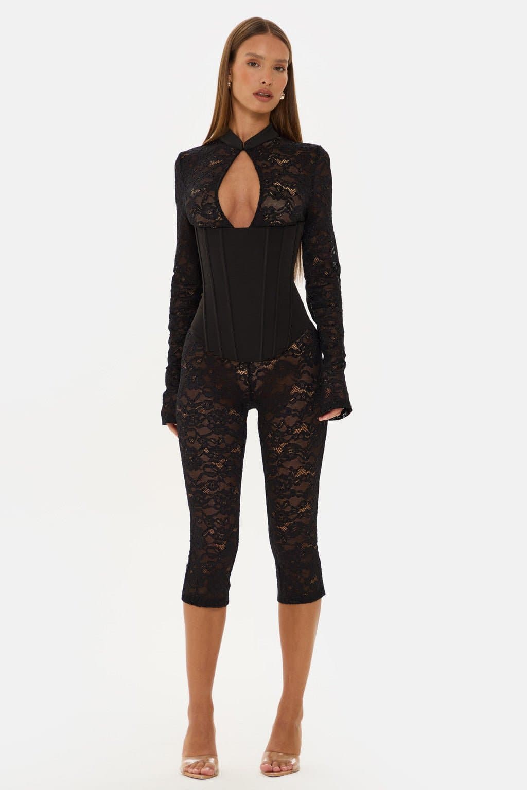 Jagger Long Sleeve Lace Capri Jumpsuit with High Neck and Corset Boning