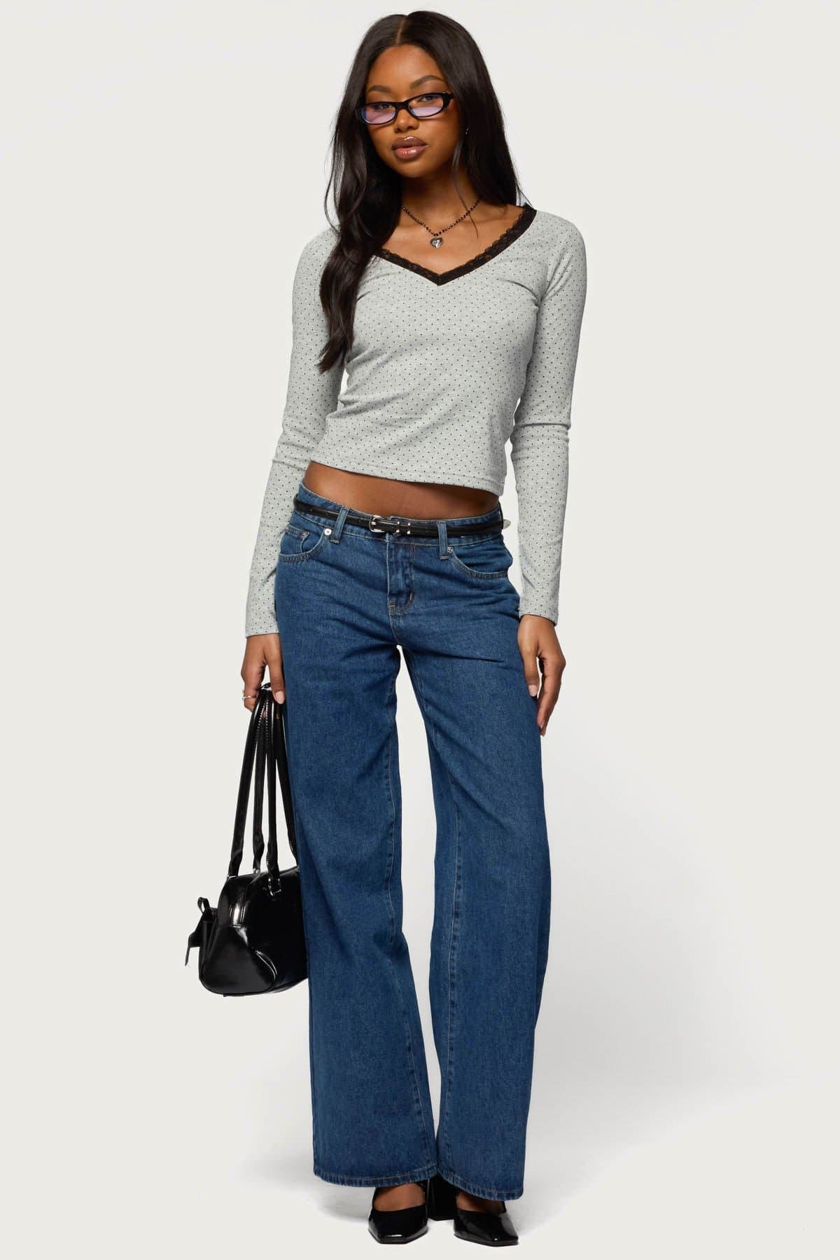 Morah Lacey Polka Dot Long Sleeve V-Neck Top - Cotton Polyester Spandex