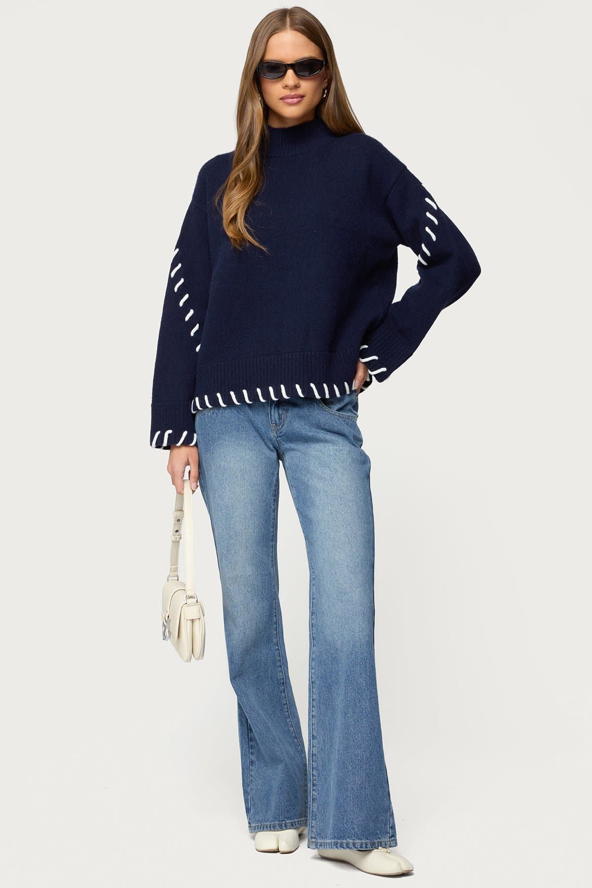 Indah Contrast Stitch Oversized Turtle Neck Acrylic Knit Sweater