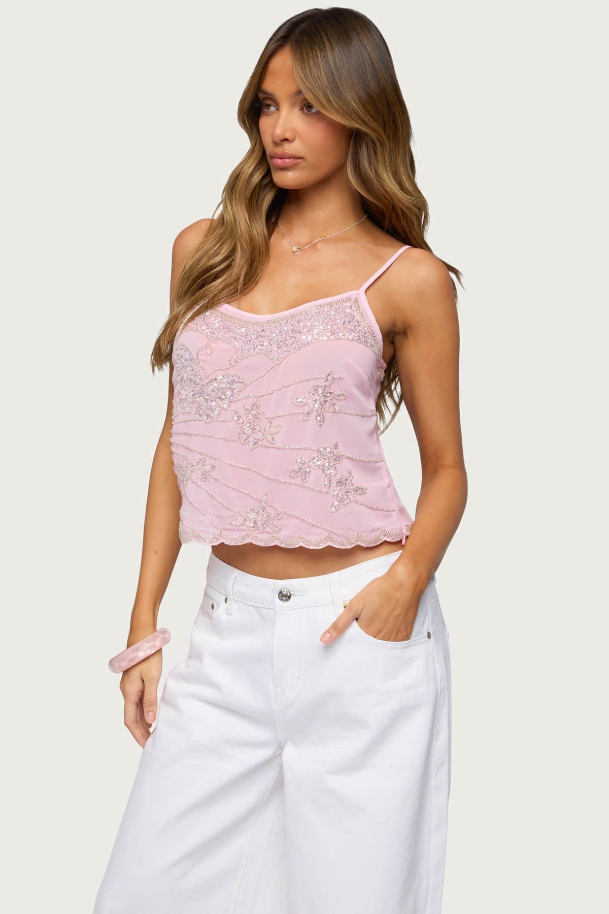 Bead & Sequin Chiffon Tank Top with Adjustable Straps