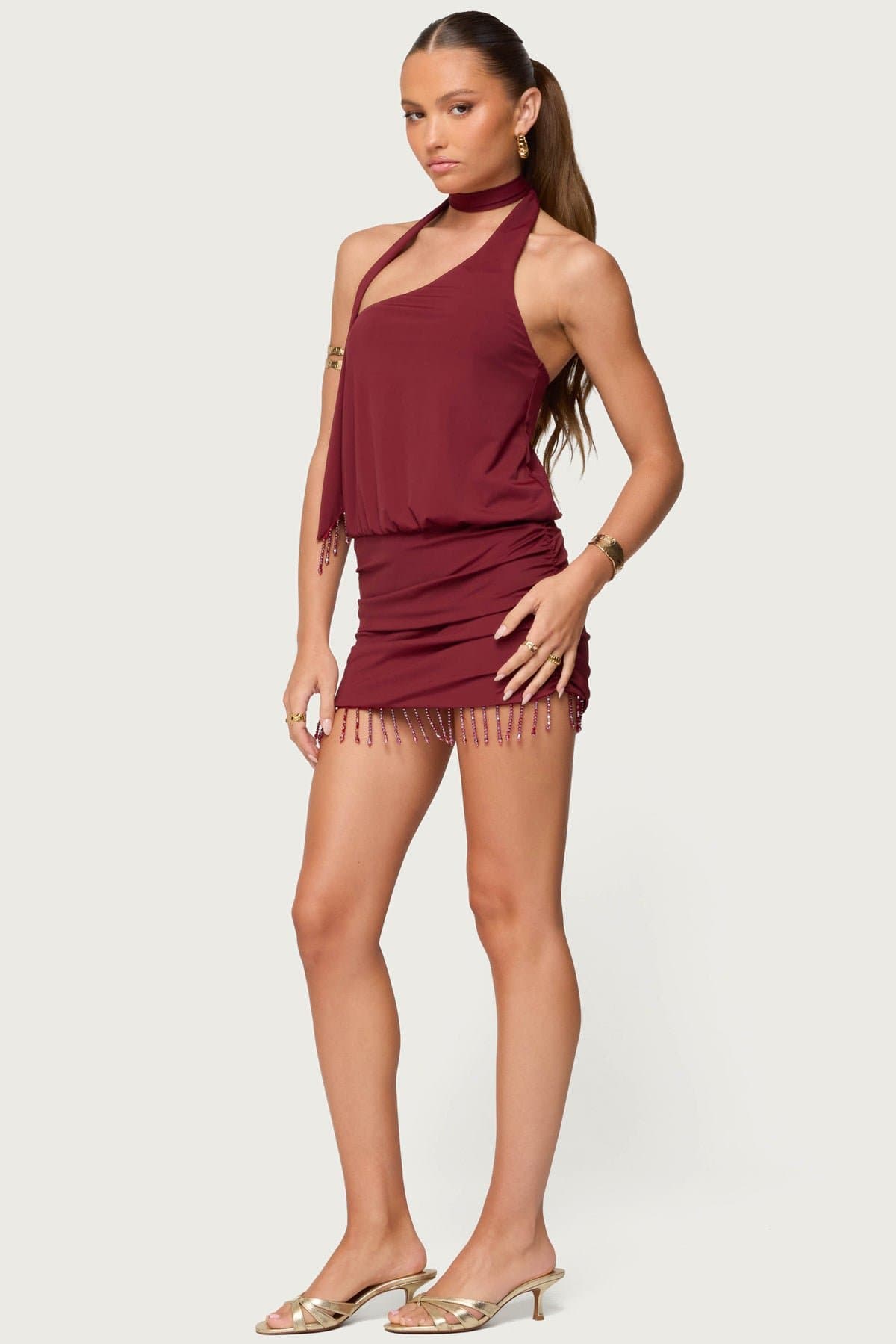 Danit One Shoulder Fringed Mini Dress - Nylon Spandex Beaded Fringe Hem