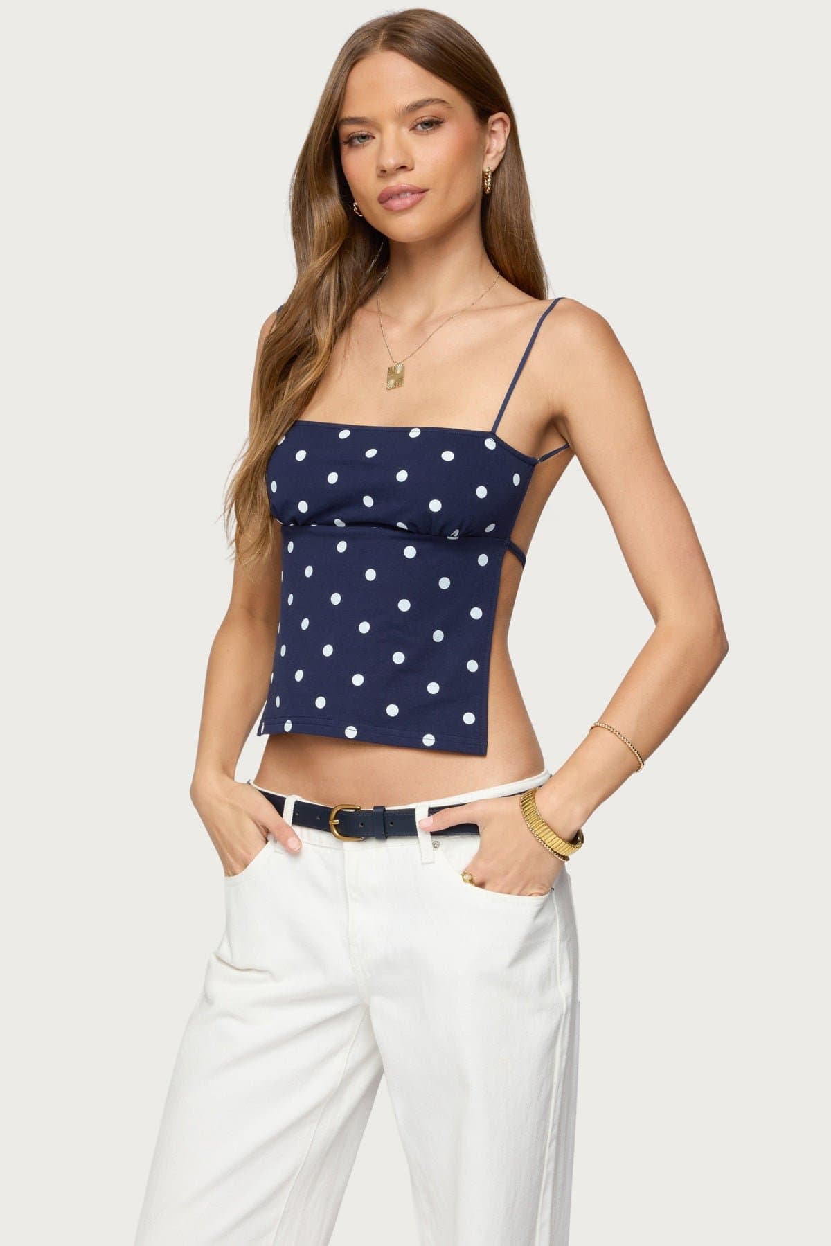 Jinx Open Back Top with Polka Dot Print, Shoe String Straps, Tieback Closure, Cotton Spandex
