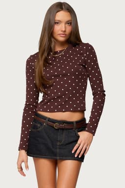 Daliya Polka Dot Long Sleeve Cotton Spandex Loungewear T-Shirt