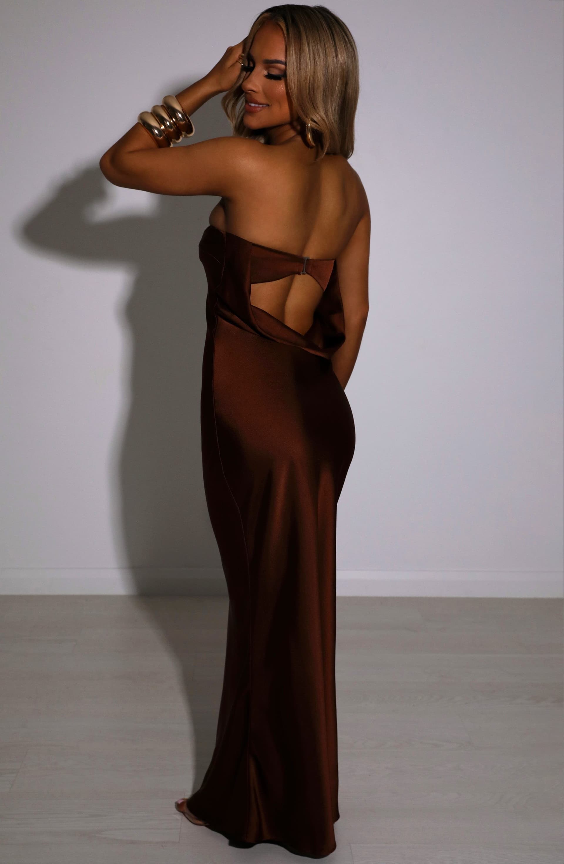 Rheanna Maxi Dress - Chocolate Polyester Satin Adjustable Fit