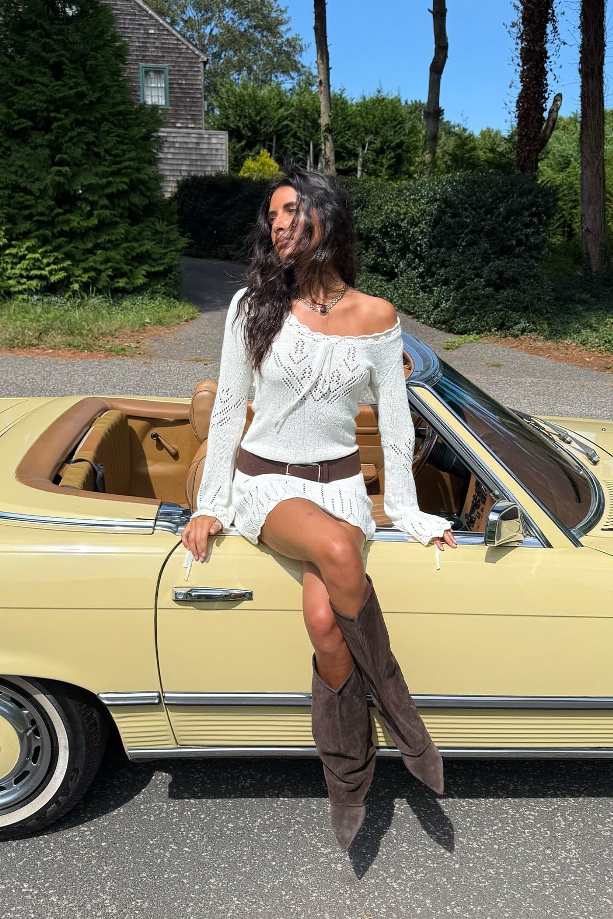 Shaia Pointelle Knit Mini Dress with Long Sleeves and String Tie Detailing