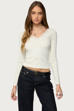 Morah Lacey Polka Dot Long Sleeve V-Neck Top - Cotton Polyester Spandex