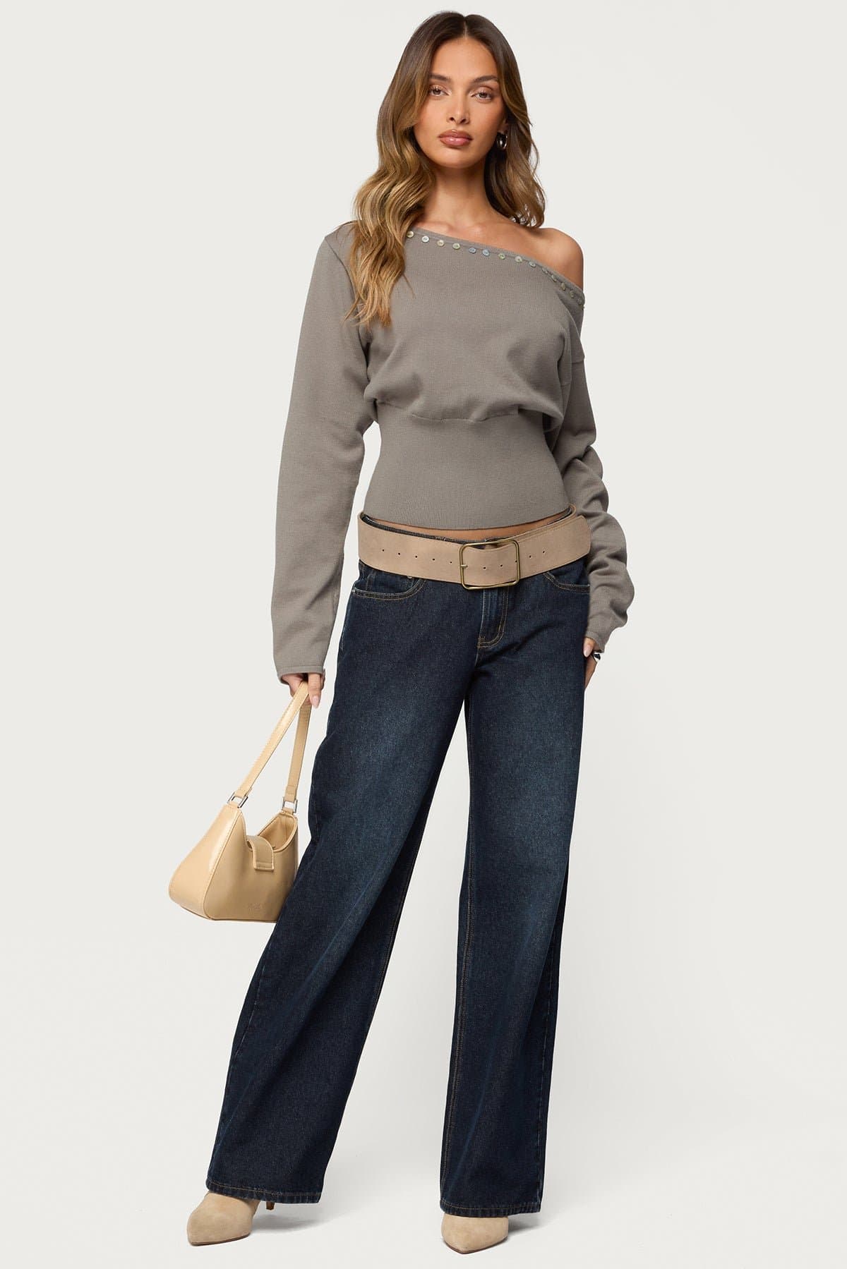 Carmela Iridescent Button Off-Shoulder Sweater - Ribbed Knit Acrylic