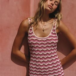 Pink Wave Stripe Crochet Knit Mini Dress – Sleeveless Scoop Back Beach Cover Up Summer Dress S-L