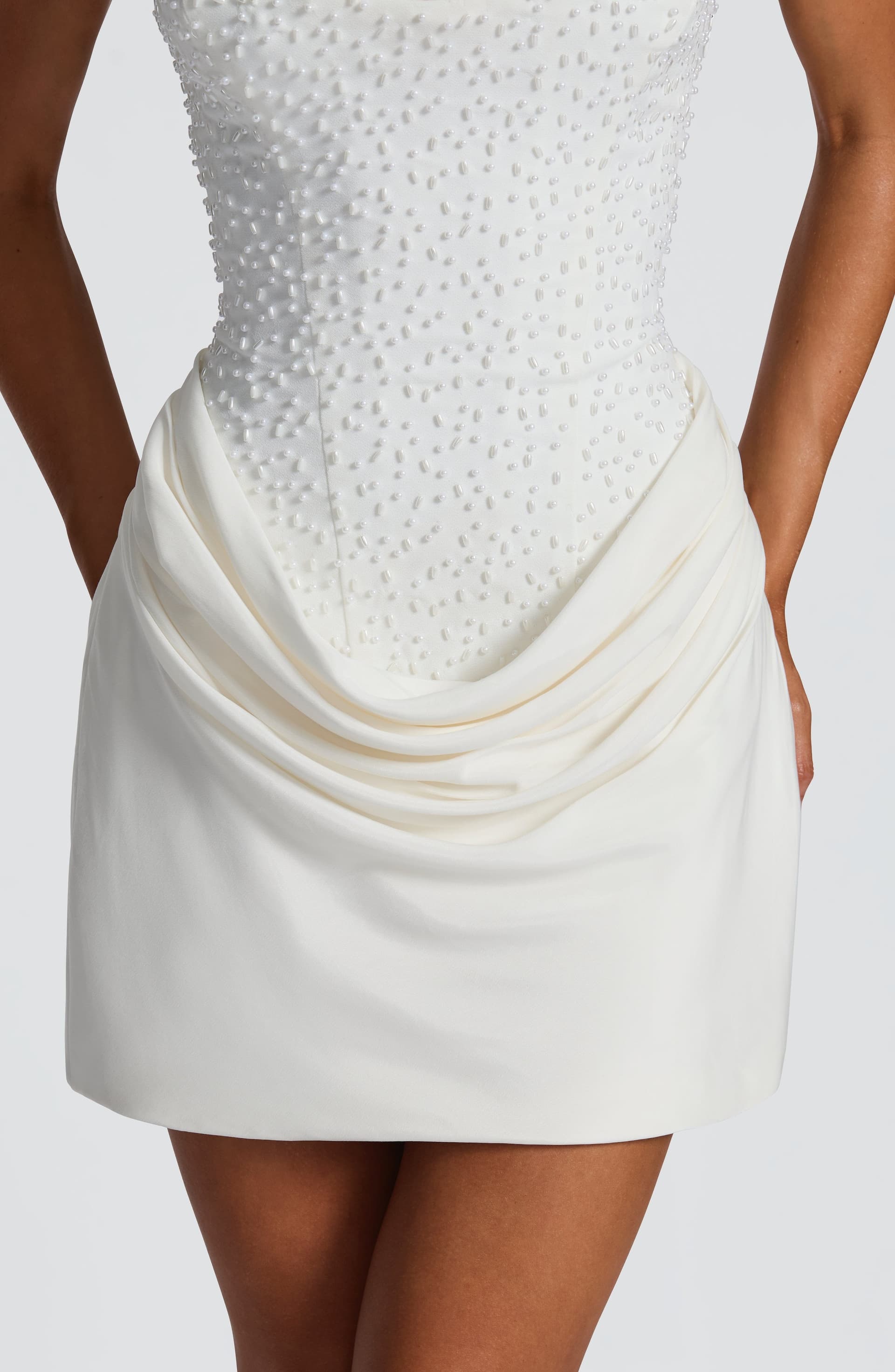 Tindra Mini Dress Ivory Pearl-Embellished Crepe Bodice Cupro Skirt