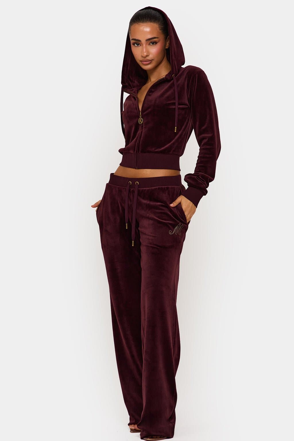 Wine Velour Plush Jogger Pants with MM Hotfix Studs - 95% Polyester 300GSM