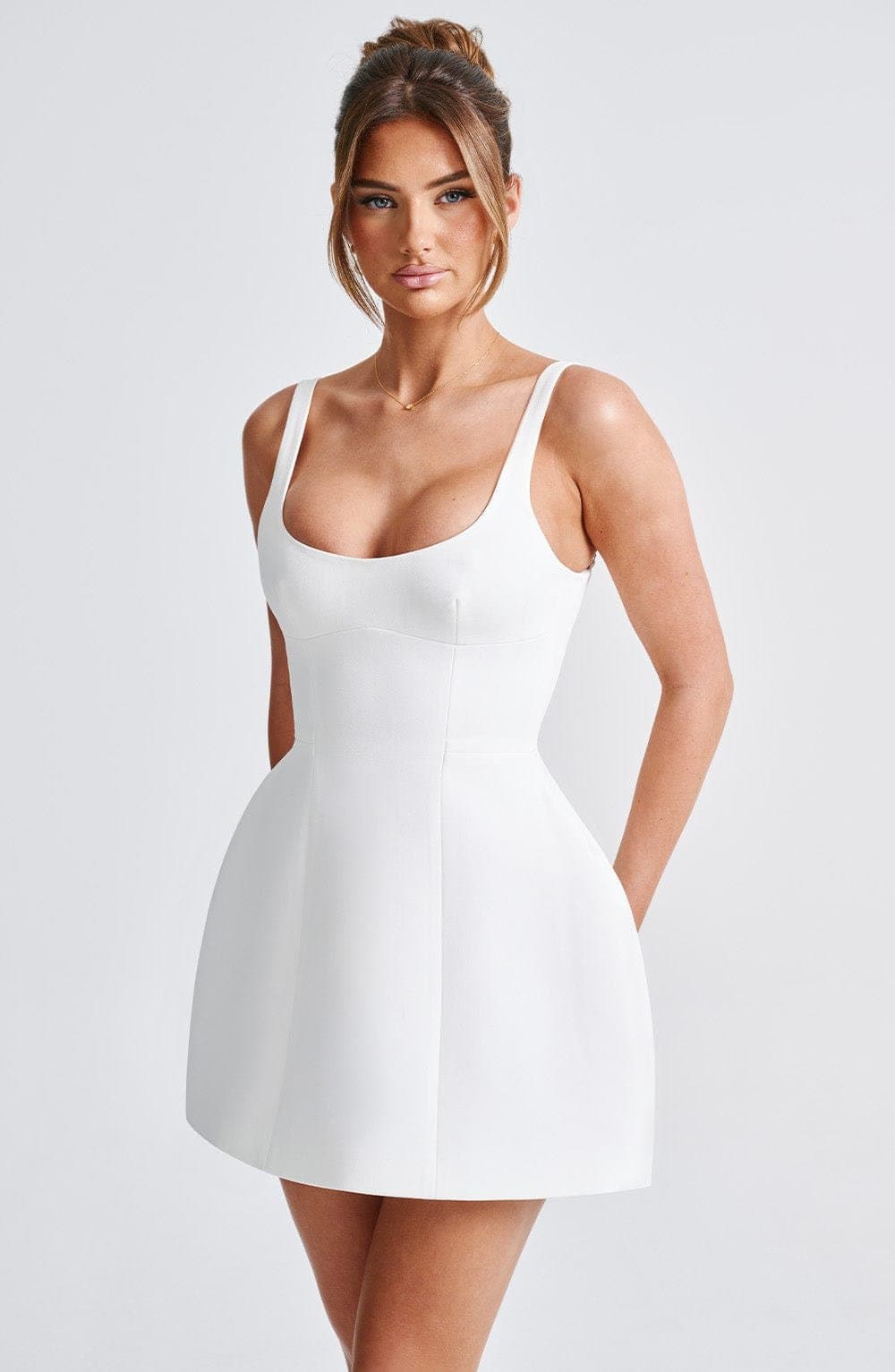 Claretta Mini Dress Ivory - Premium Crepe Bridal Scoop Neck Bubble Skirt
