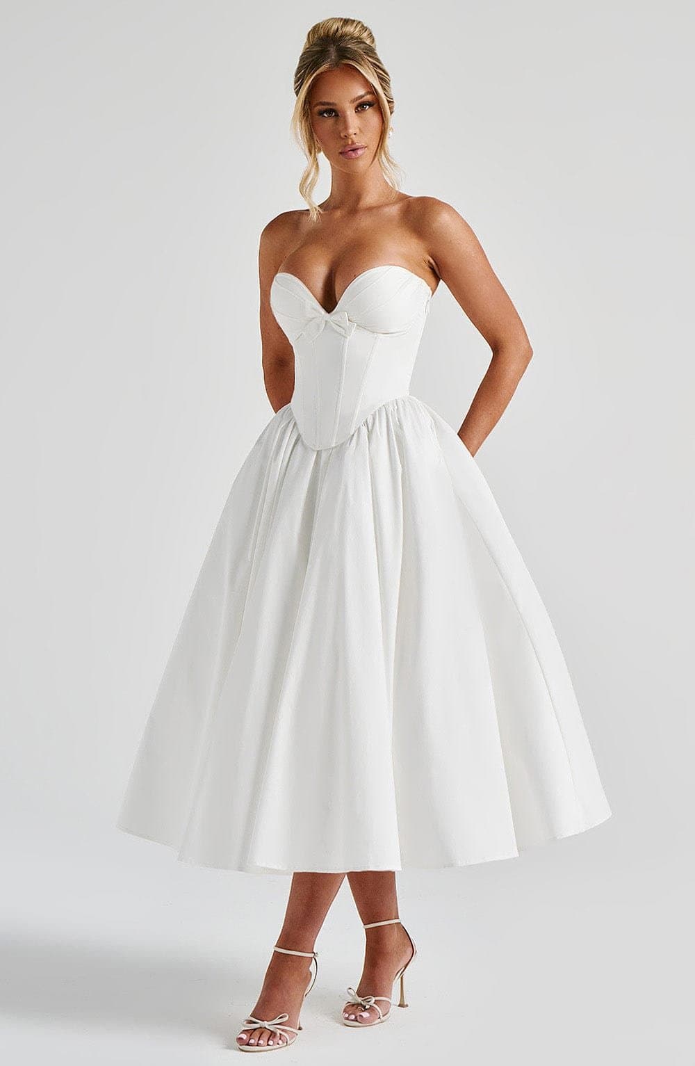 Prim Midi Dress Ivory Strapless Plunge Sweetheart Neckline Lace-Up Back Boned Corset