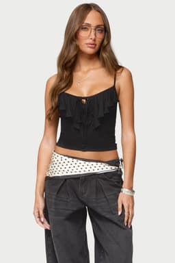 Jezebel Ruffle Tank Top with Adjustable Straps, Front Tie, Keyhole Cutout, Rayon Spandex