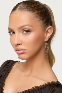 Abstract Dangling Chain Stud Earrings Gold Tone Metal 2.8 Inch Length