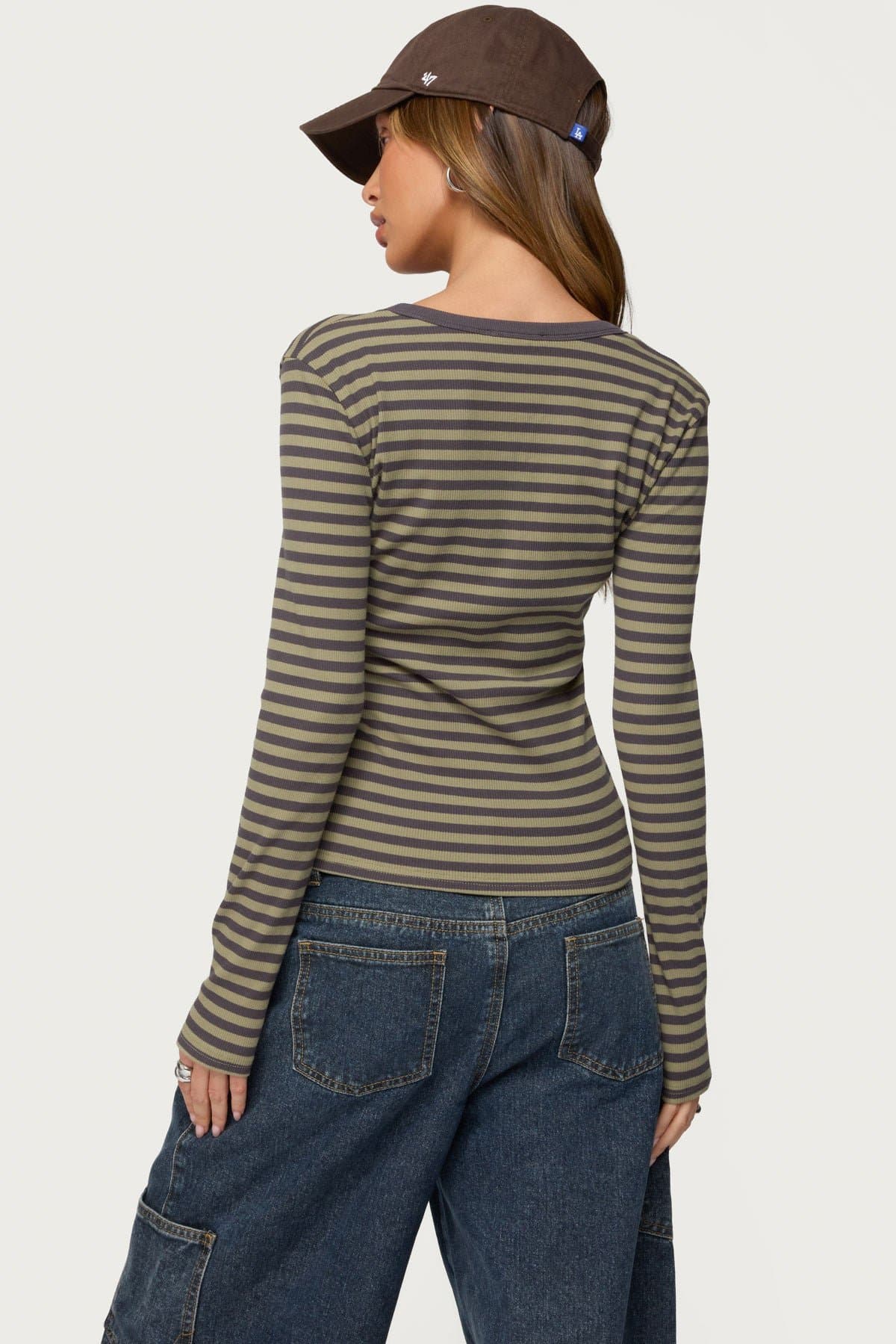 Roma Striped Henley Top Long Sleeve Cotton Spandex Women's Shirt