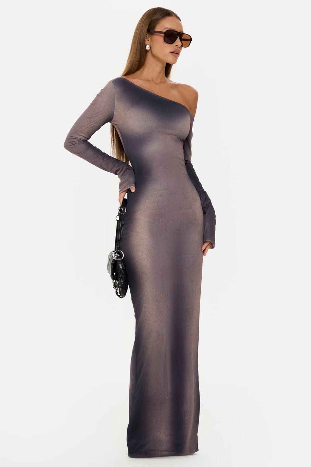 Monroe One Shoulder Long Sleeve Maxi Dress with Body Illusion Print