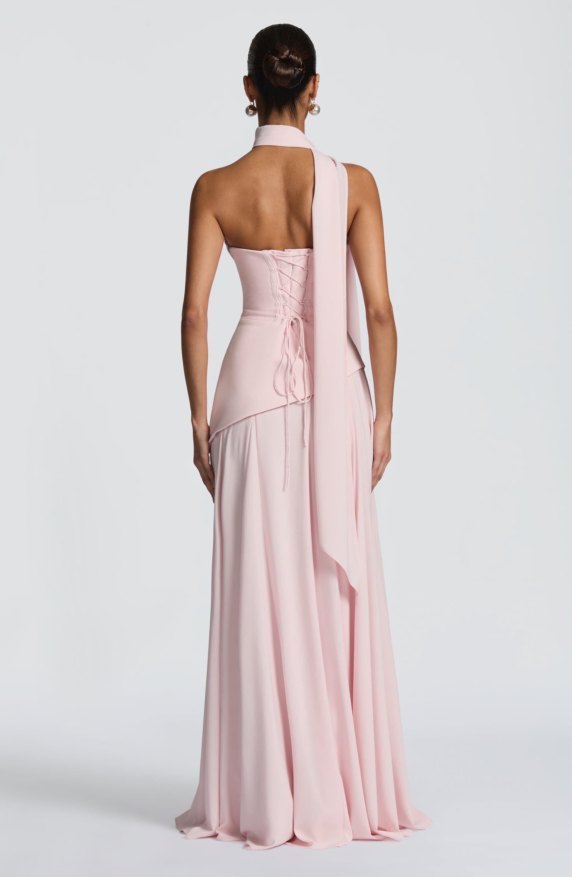 Patricia Maxi Dress - Blush Chiffon with Lace-Up Back, Scooped Neckline