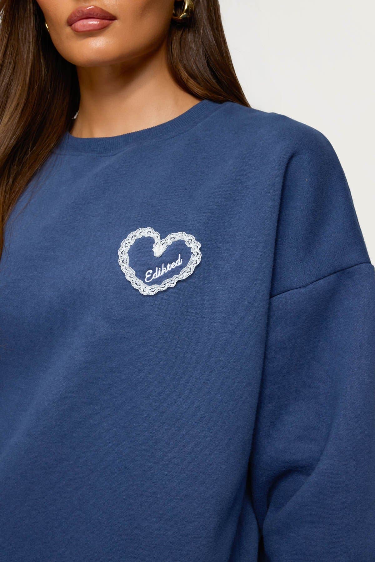 Love Edikted Oversized Crewneck Sweatshirt with Lace Heart Patch