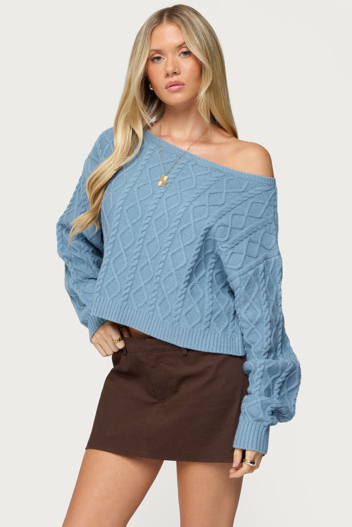 Oversized Off Shoulder Cable Knit Sweater - Rayon Nylon Polyester