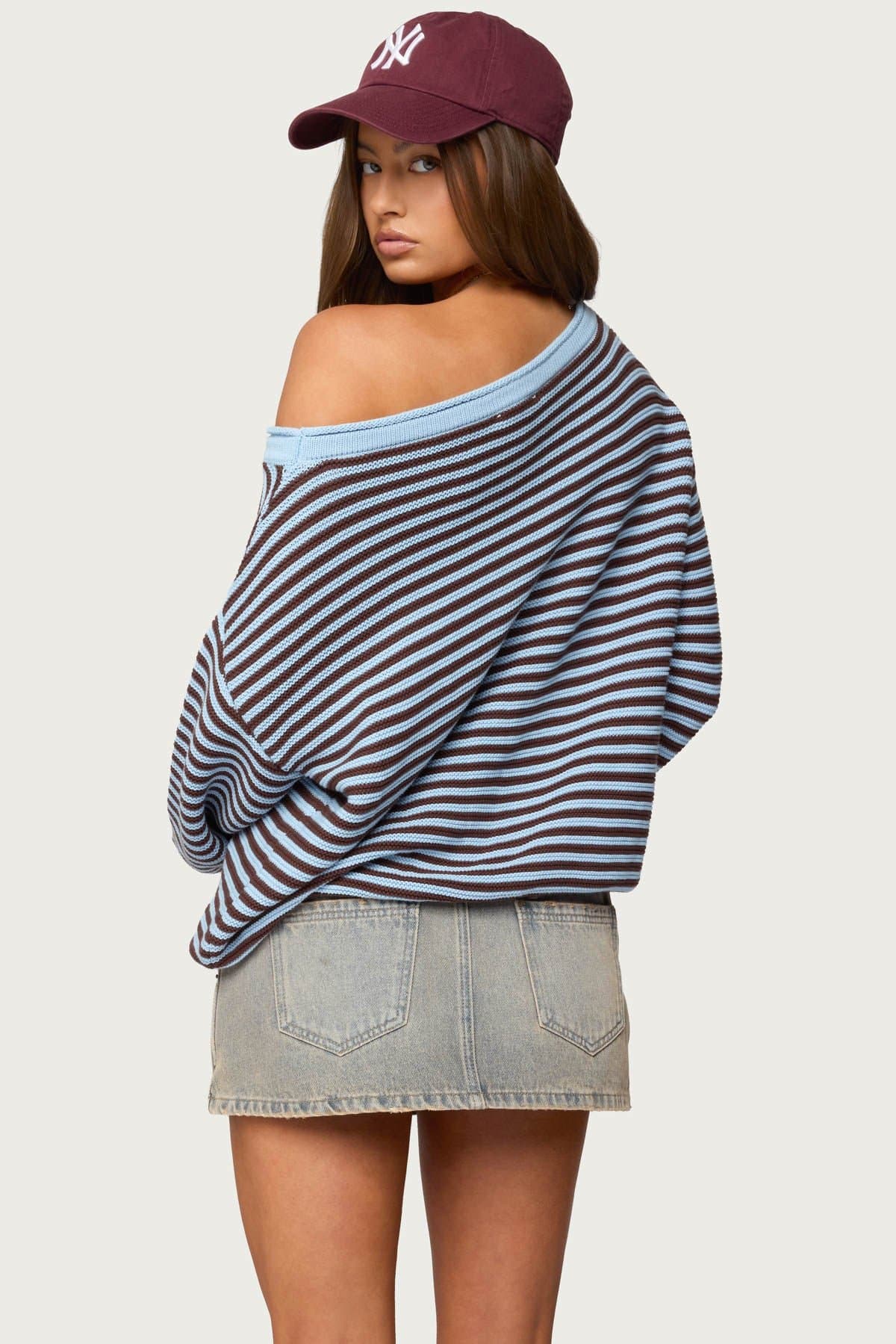 Averi Striped Oversized Off Shoulder Sweater - 100% Cotton Knit