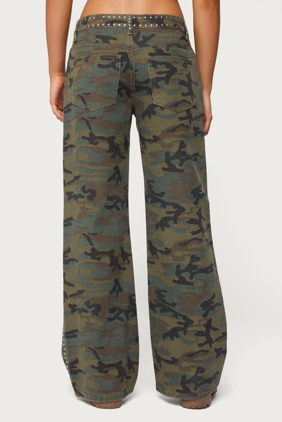 Quincy Studded Low Rise Baggy Jeans - Camo Print 100% Cotton Rigid Denim