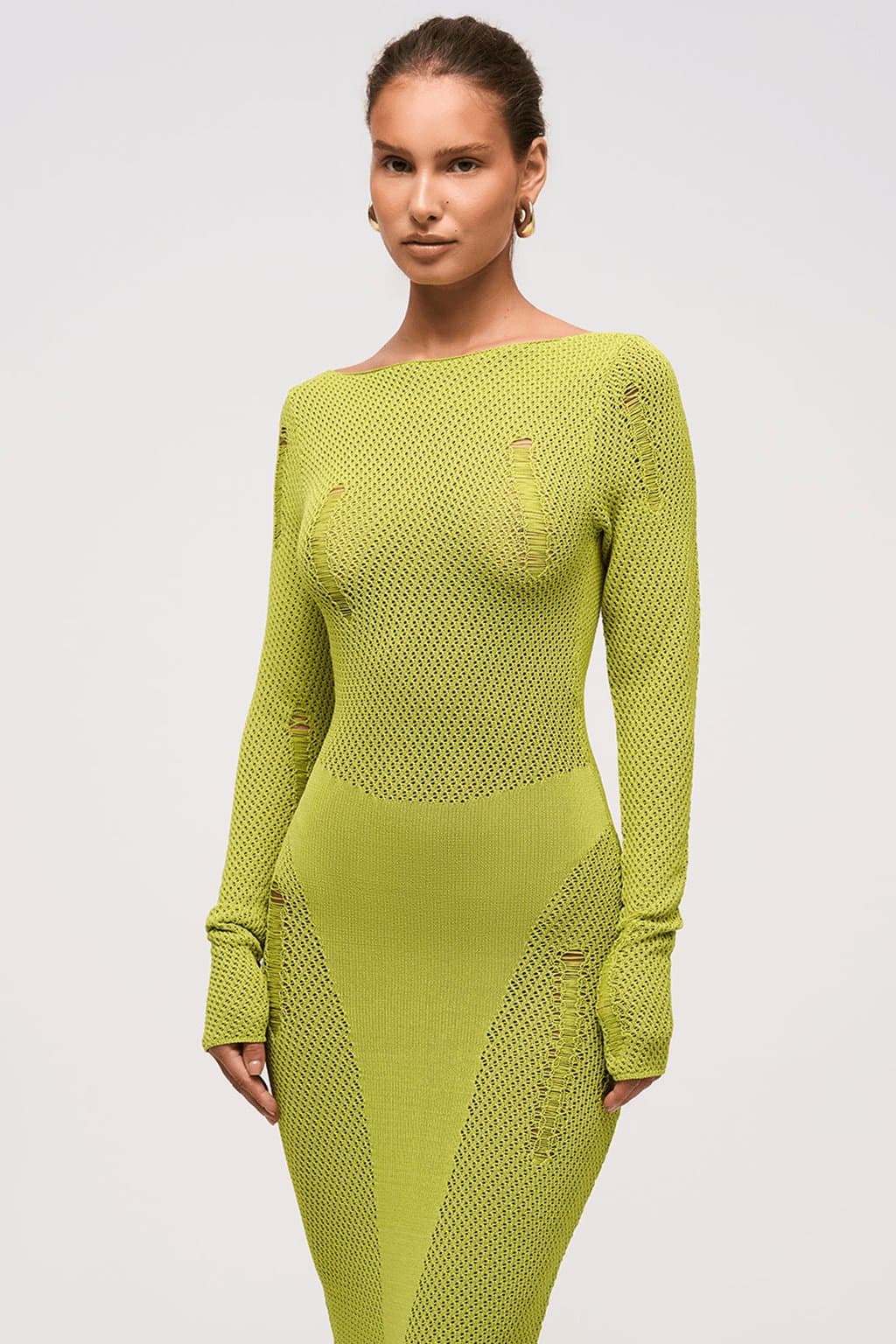 Fig Leaf Scooped Neckline Knit Maxi Dress - Crochet Panel Bodycon Fit Full Sleeve