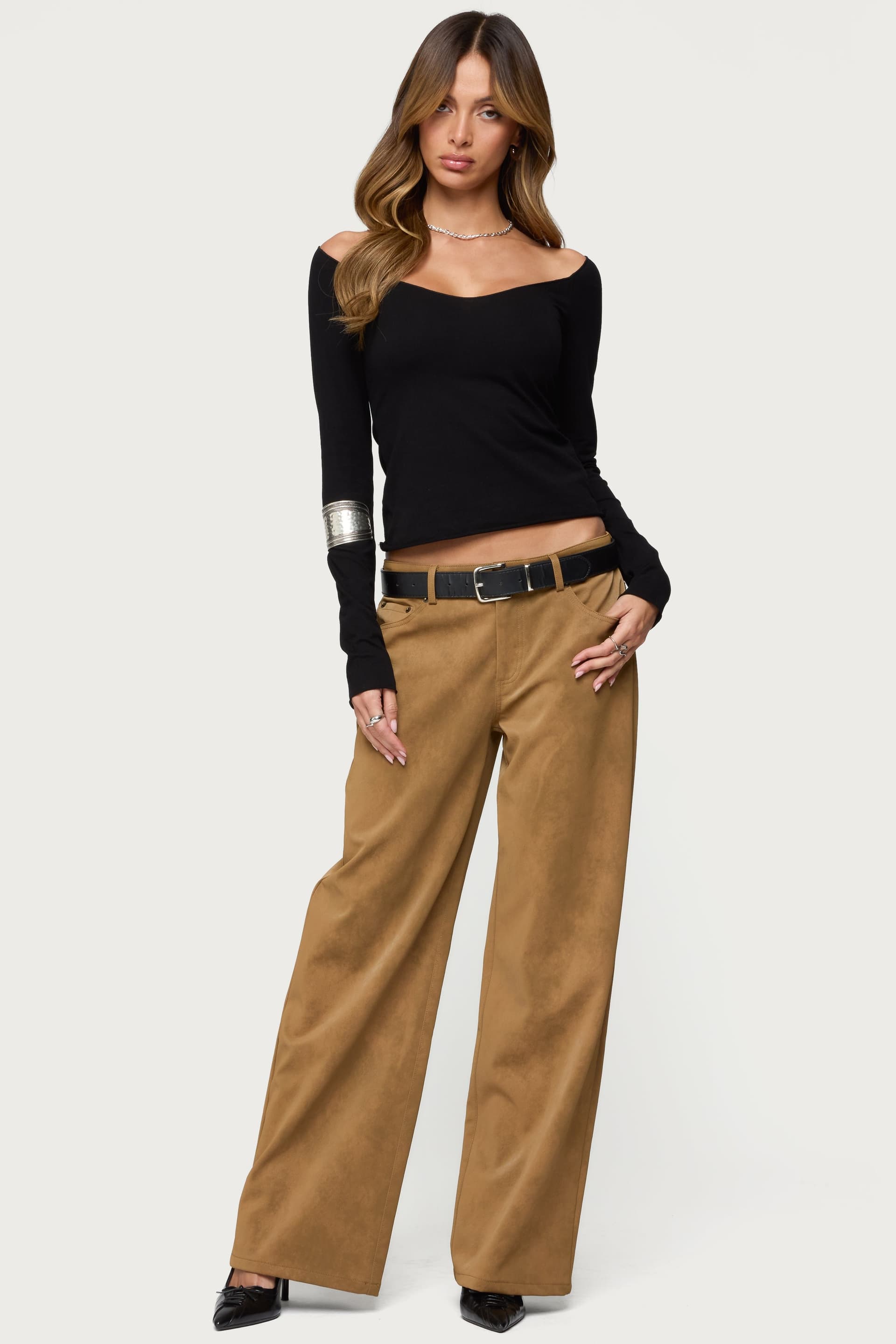 Stacey Low Rise Faux Suede Straight Leg Pants - Polyurethane Cotton Small Inseam 30.9"