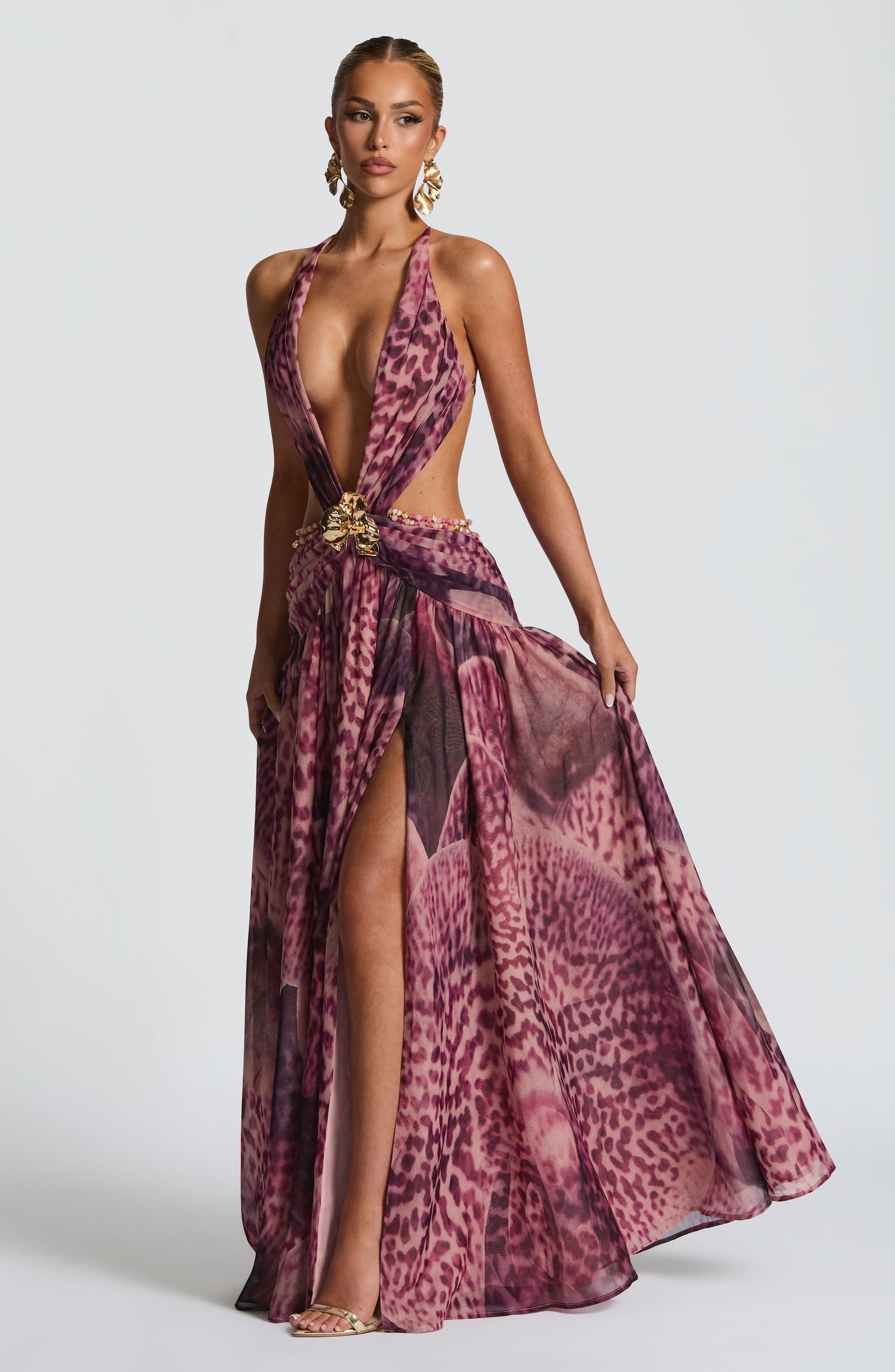 Indianna Maxi Dress Magenta Orchid Print Chiffon Plunge Neckline Backless