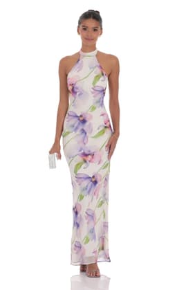 Floral Mock Neck Maxi Dress in White