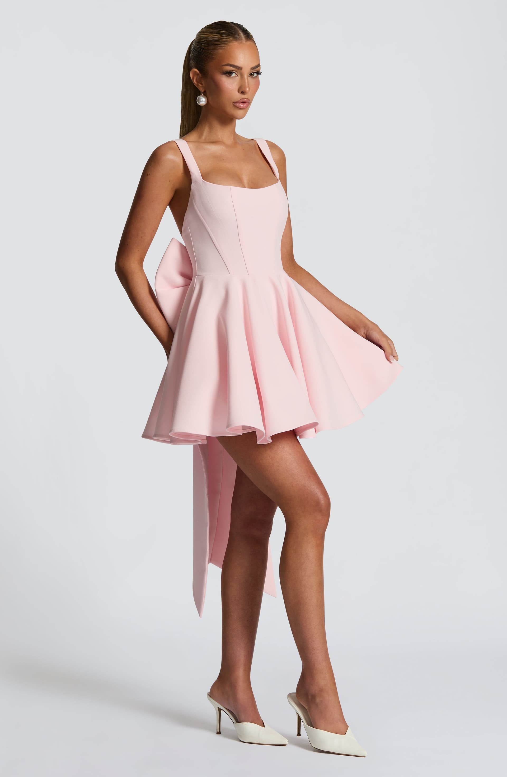 Rue Mini Dress Blush Pink Non-Stretch Crepe Square Neckline Boned Bodice