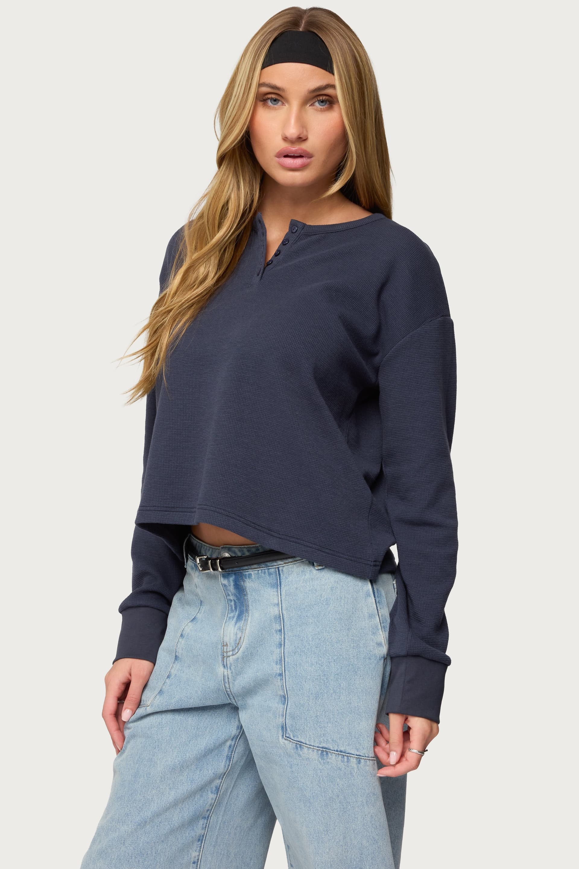Deni Long Sleeve Henley Waffle Top - Polyester Cotton Spandex Blend