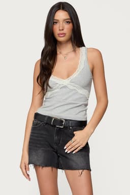 Oriana Contrast Lacey V-Neck Tank Top - Cotton Spandex