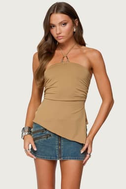 Malena Asymmetric Halter Top - Polyester Spandex, Neck Tie Closure, Side Slits, Ruched Sides