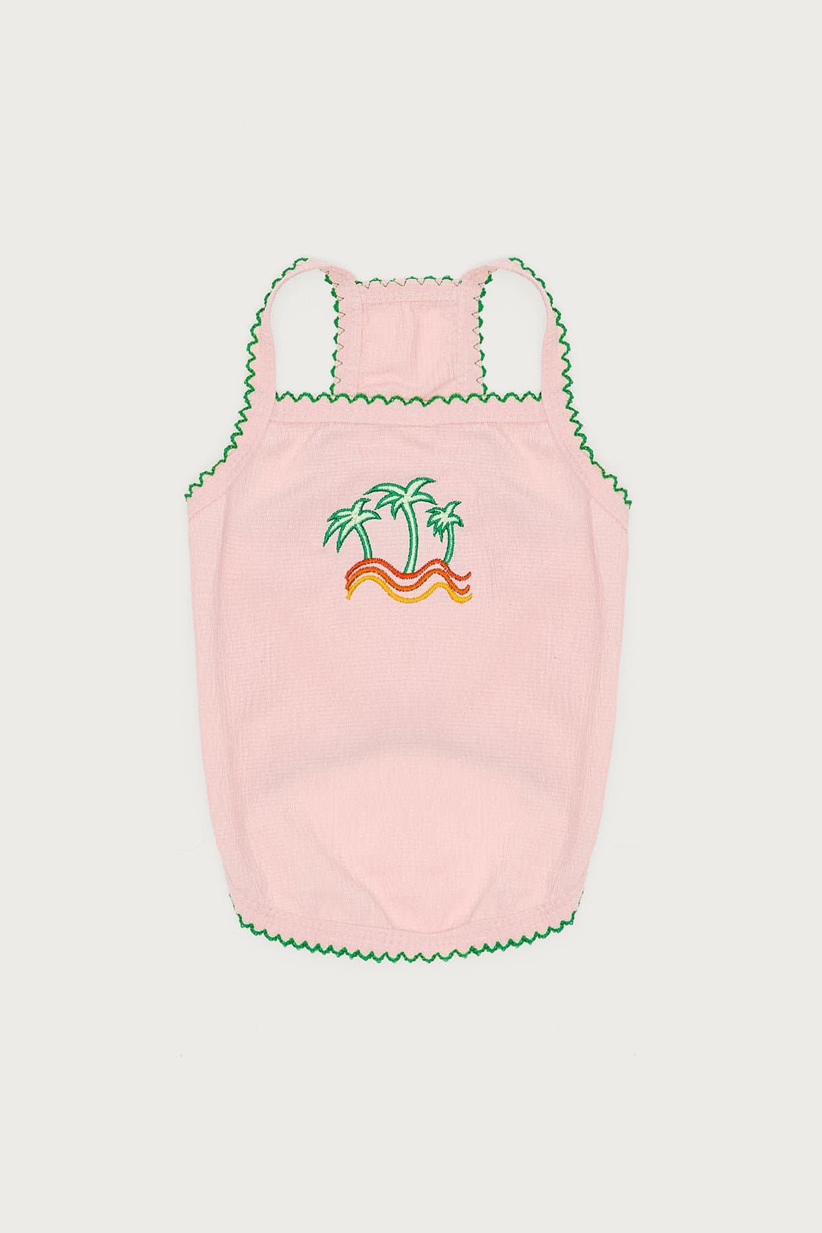 In The Tropics Pet Tank Top - Embroidered Palm Tree Graphic, Polyester, Scalloped Trim, Sizes XS-L