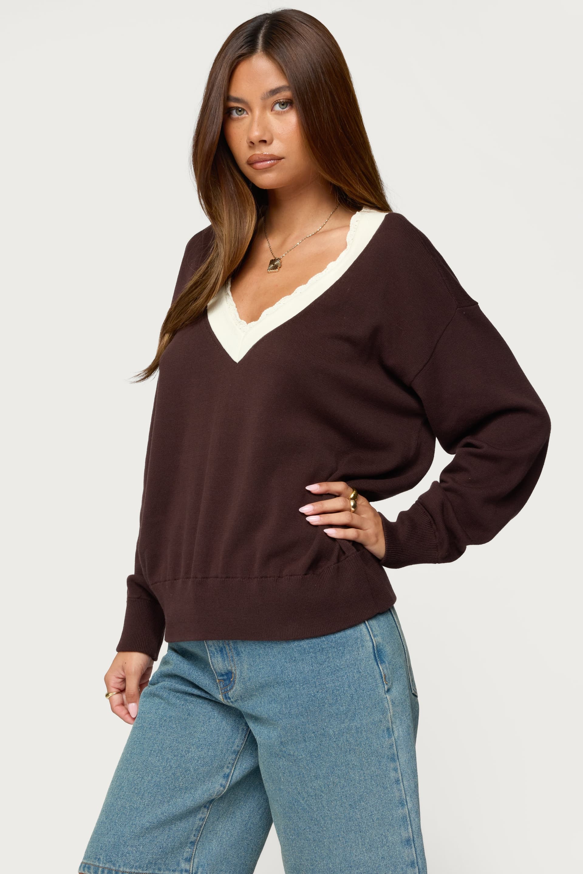 Marie Contrast Lacey V-Neck Cotton Knit Sweater